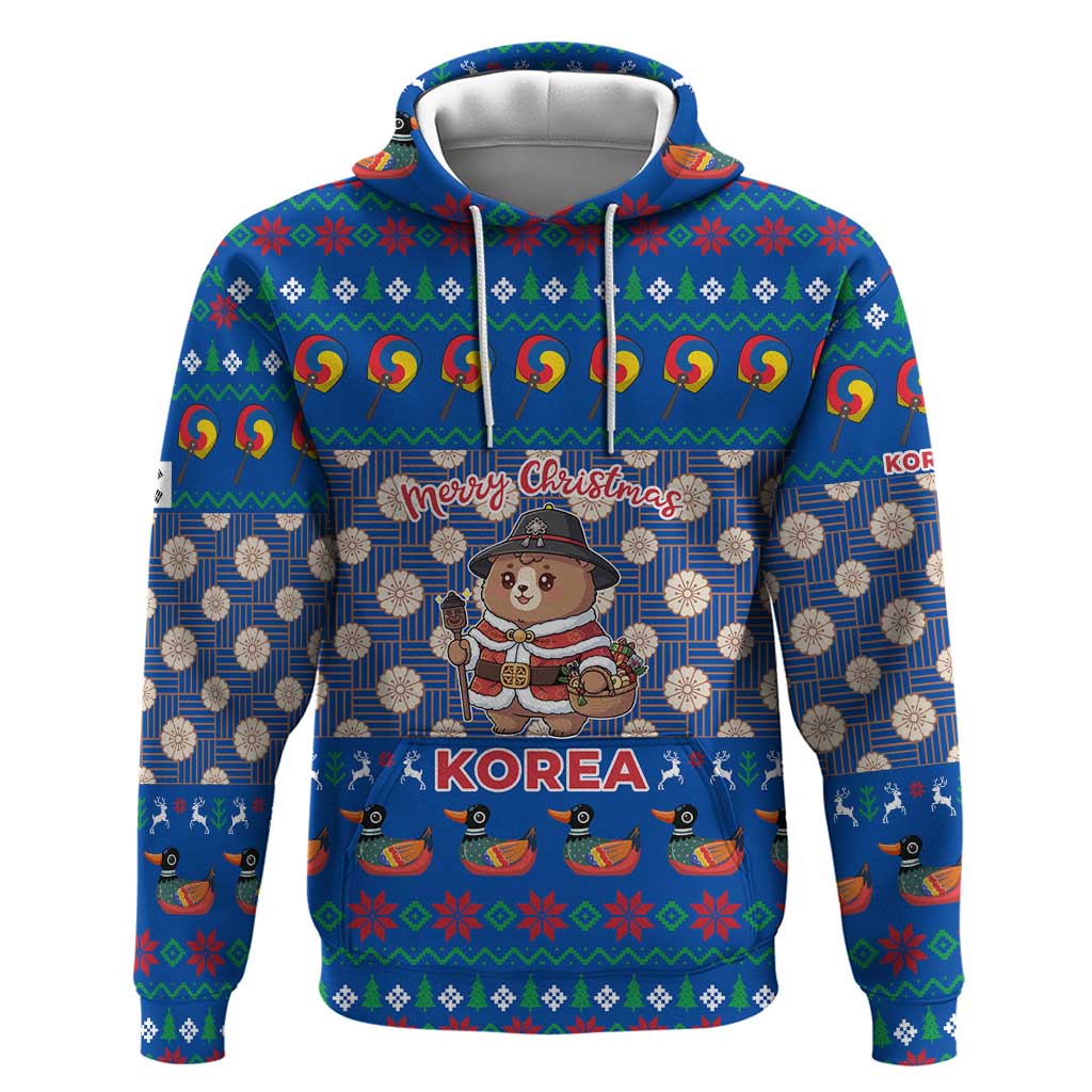 Korea Christmas Zip Hoodie with Bear in Hanbok National Emblem and Traditional Boat Pattern Design - Wonder Print Shop
