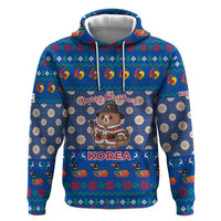 Korea Christmas Zip Hoodie with Bear in Hanbok National Emblem and Traditional Boat Pattern Design - Wonder Print Shop