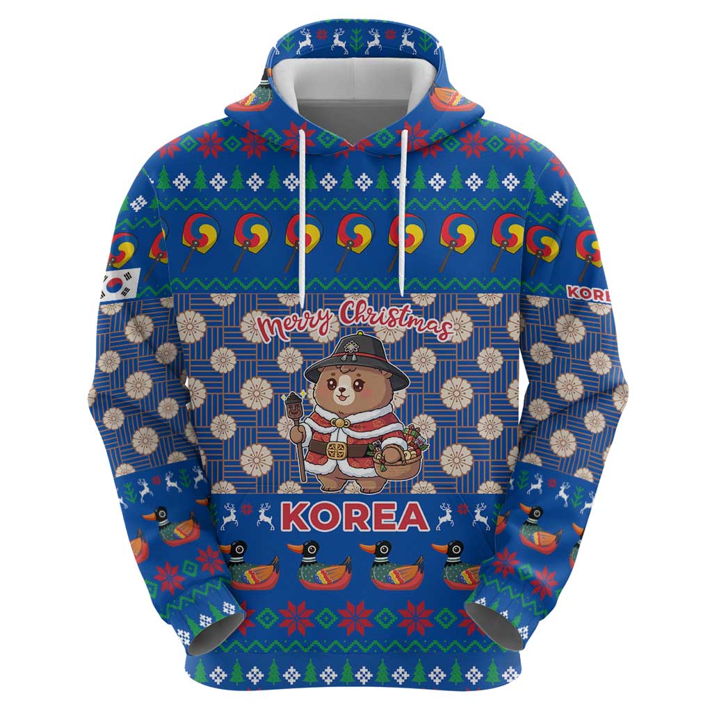 Korea Christmas Zip Hoodie with Bear in Hanbok National Emblem and Traditional Boat Pattern Design - Wonder Print Shop
