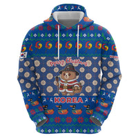 Korea Christmas Zip Hoodie with Bear in Hanbok National Emblem and Traditional Boat Pattern Design - Wonder Print Shop