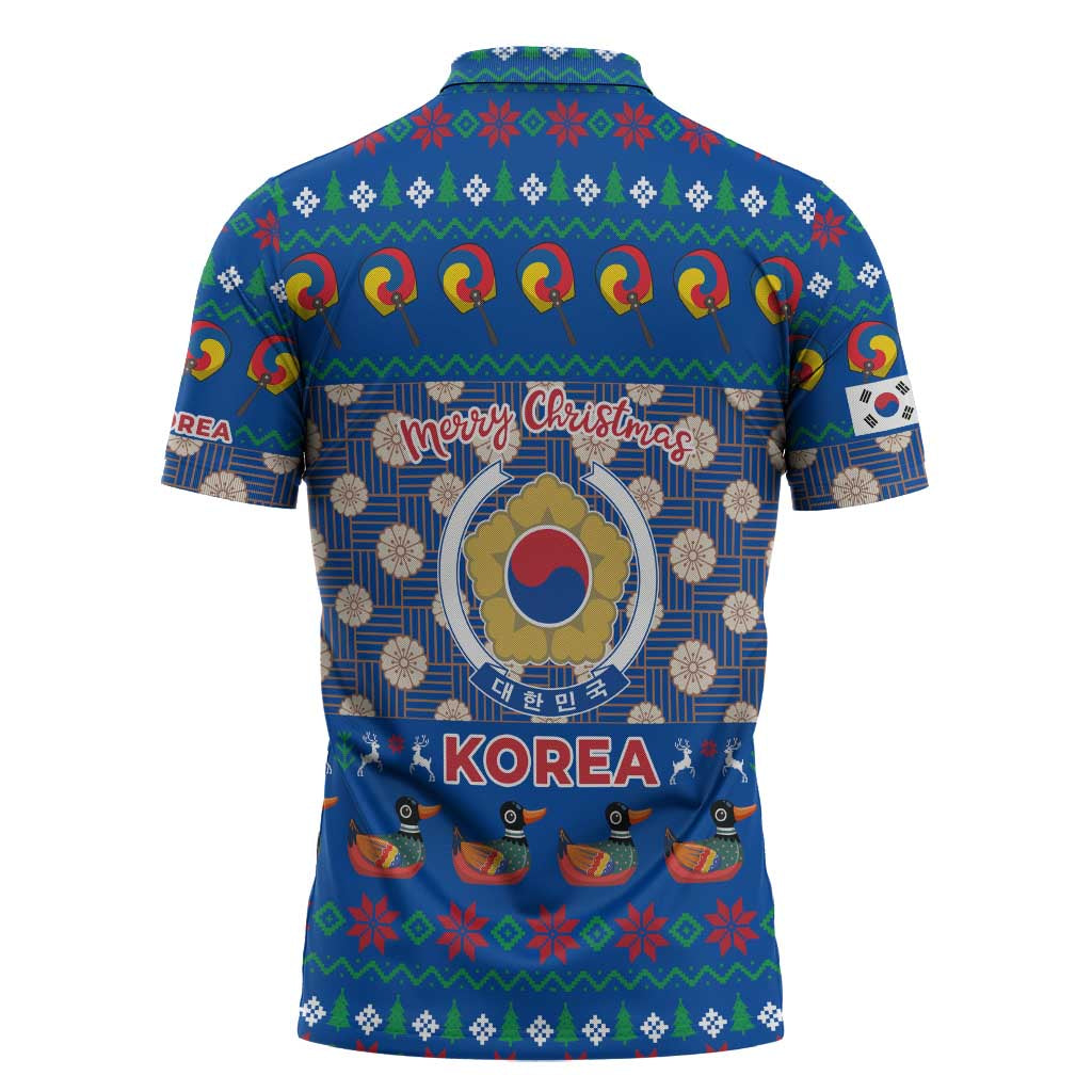 Korea Christmas Zipper Polo Shirt with Bear in Hanbok National Emblem and Traditional Boat Pattern Design - Wonder Print Shop
