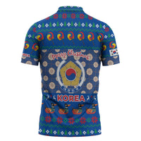 Korea Christmas Zipper Polo Shirt with Bear in Hanbok National Emblem and Traditional Boat Pattern Design - Wonder Print Shop
