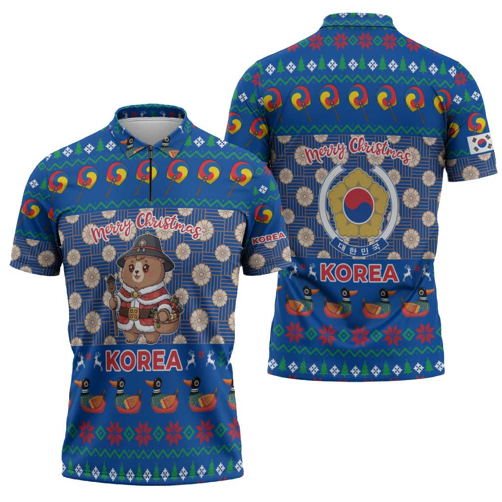 Korea Christmas Zipper Polo Shirt with Bear in Hanbok National Emblem and Traditional Boat Pattern Design - Wonder Print Shop