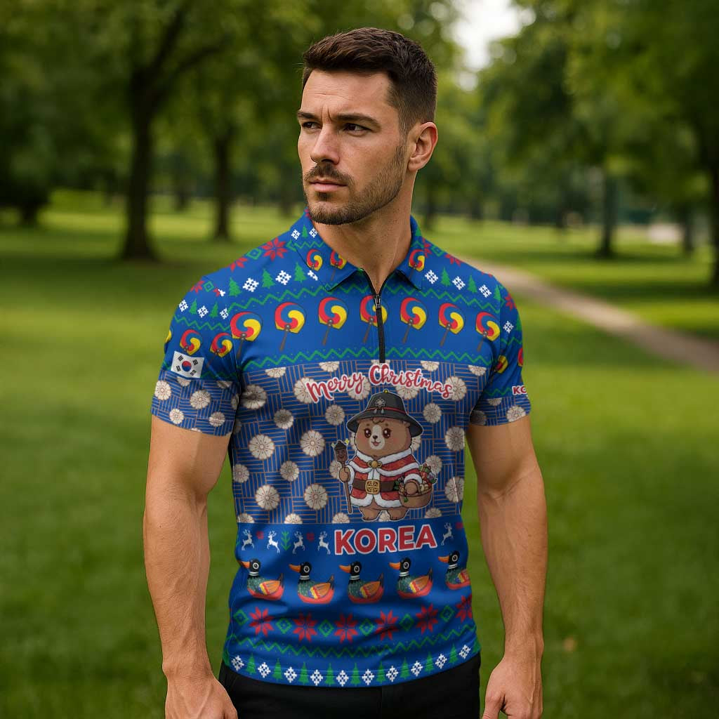Korea Christmas Zipper Polo Shirt with Bear in Hanbok National Emblem and Traditional Boat Pattern Design - Wonder Print Shop