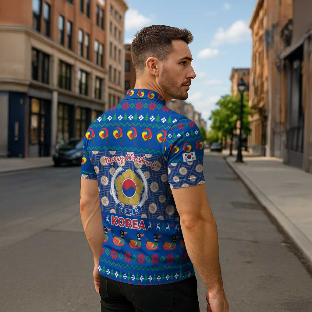 Korea Christmas Zipper Polo Shirt with Bear in Hanbok National Emblem and Traditional Boat Pattern Design - Wonder Print Shop