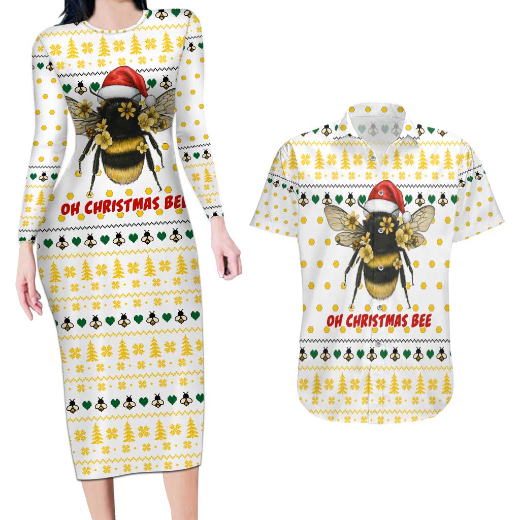 Oh Christmas Bee Bee Christmas Couples Matching Long Sleeve Bodycon Dress and Hawaiian Shirt Xmas Holiday Patterns - Wonder Print Shop