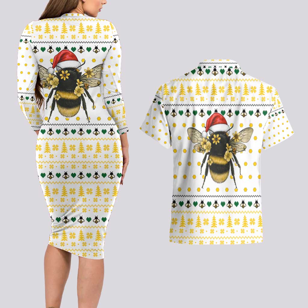 Oh Christmas Bee Bee Christmas Couples Matching Long Sleeve Bodycon Dress and Hawaiian Shirt Xmas Holiday Patterns - Wonder Print Shop