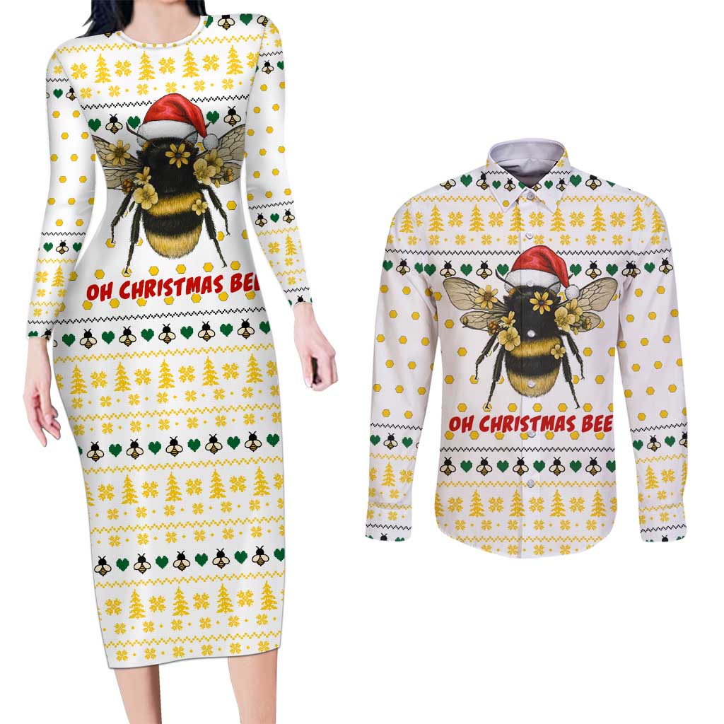Oh Christmas Bee Bee Christmas Couples Matching Long Sleeve Bodycon Dress and Long Sleeve Button Shirt Xmas Holiday Patterns - Wonder Print Shop
