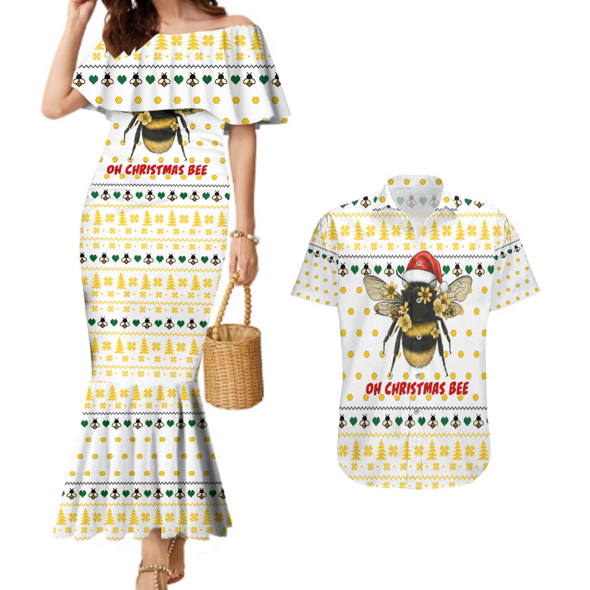 Oh Christmas Bee Bee Christmas Couples Matching Mermaid Dress and Hawaiian Shirt Xmas Holiday Patterns - Wonder Print Shop