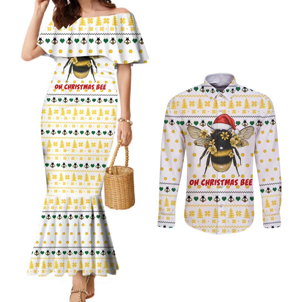 Oh Christmas Bee Bee Christmas Couples Matching Mermaid Dress and Long Sleeve Button Shirt Xmas Holiday Patterns - Wonder Print Shop