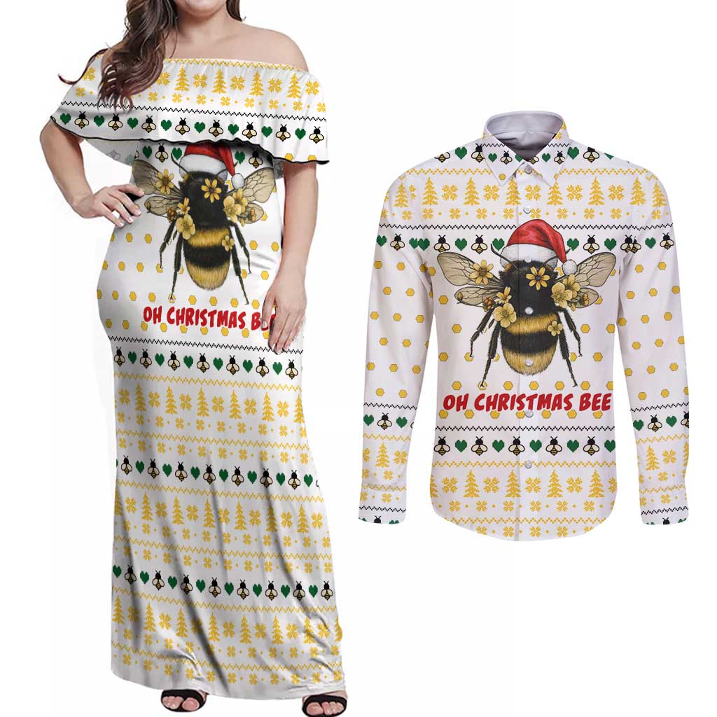 Oh Christmas Bee Bee Christmas Couples Matching Off Shoulder Maxi Dress and Long Sleeve Button Shirt Xmas Holiday Patterns - Wonder Print Shop