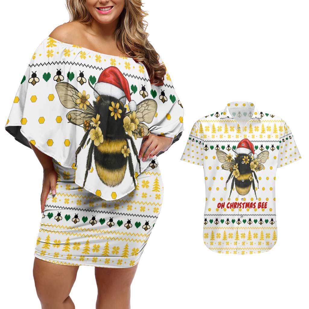 Oh Christmas Bee Bee Christmas Couples Matching Off Shoulder Short Dress and Hawaiian Shirt Xmas Holiday Patterns - Wonder Print Shop