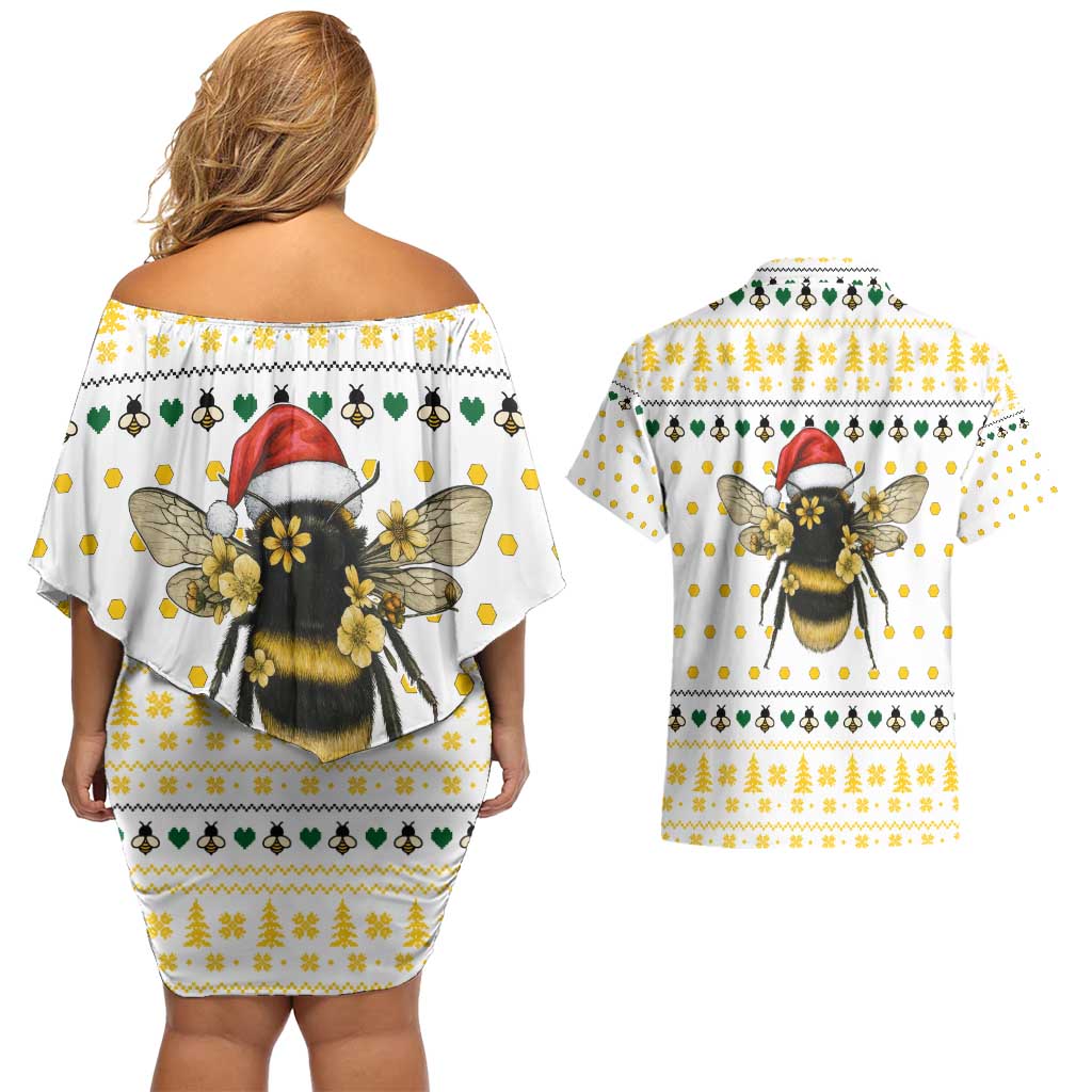 Oh Christmas Bee Bee Christmas Couples Matching Off Shoulder Short Dress and Hawaiian Shirt Xmas Holiday Patterns - Wonder Print Shop