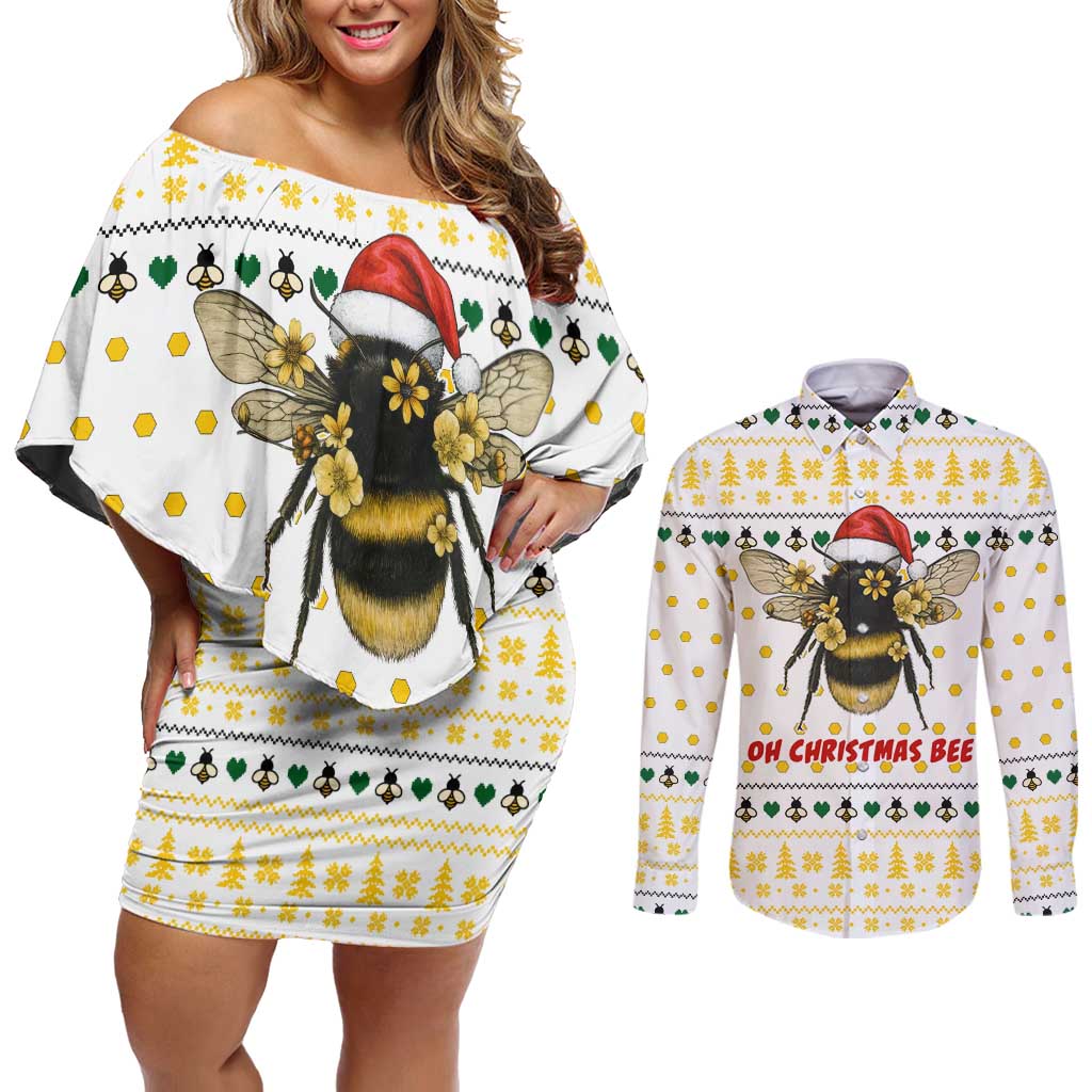 Oh Christmas Bee Bee Christmas Couples Matching Off Shoulder Short Dress and Long Sleeve Button Shirt Xmas Holiday Patterns - Wonder Print Shop