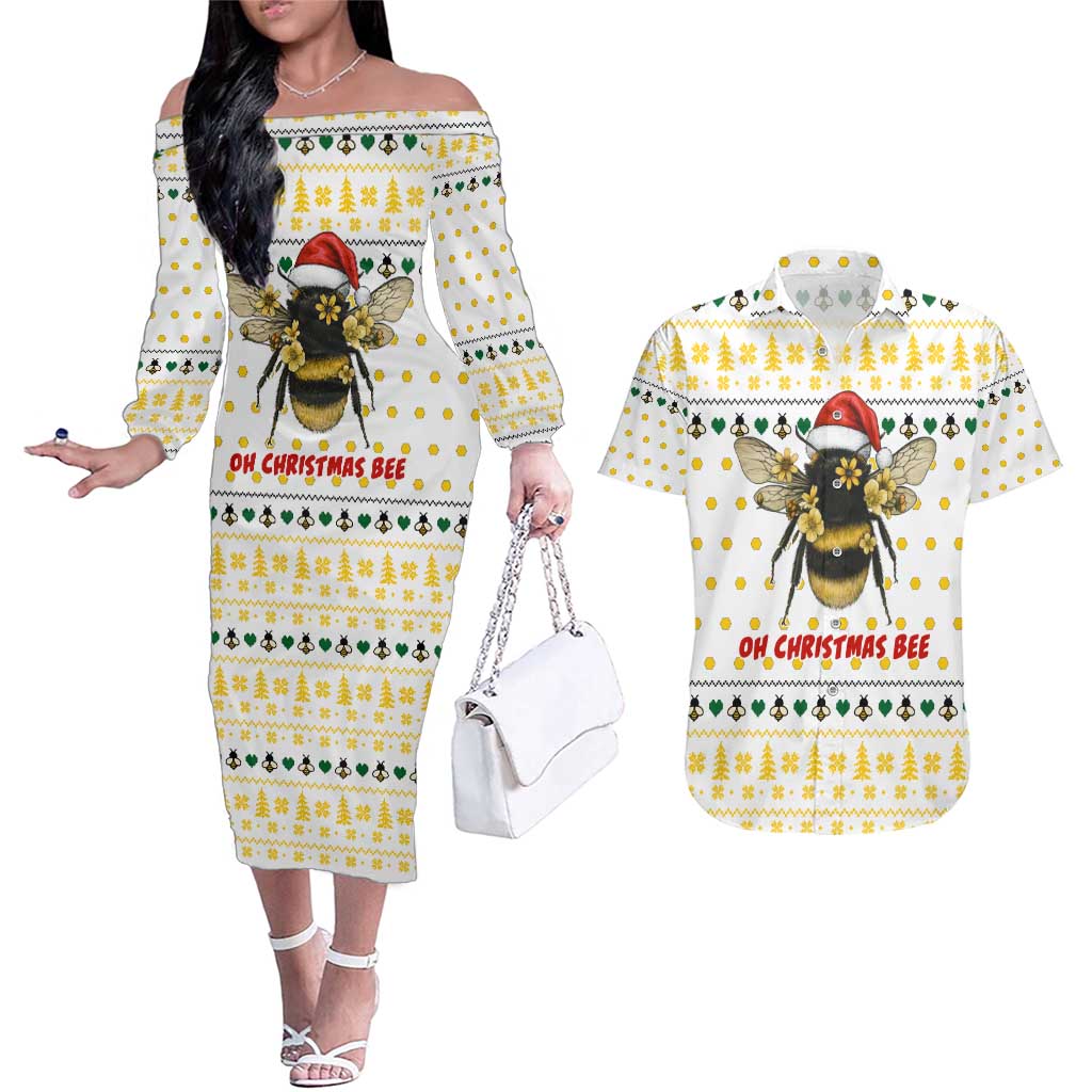Oh Christmas Bee Bee Christmas Couples Matching Off The Shoulder Long Sleeve Dress and Hawaiian Shirt Xmas Holiday Patterns - Wonder Print Shop