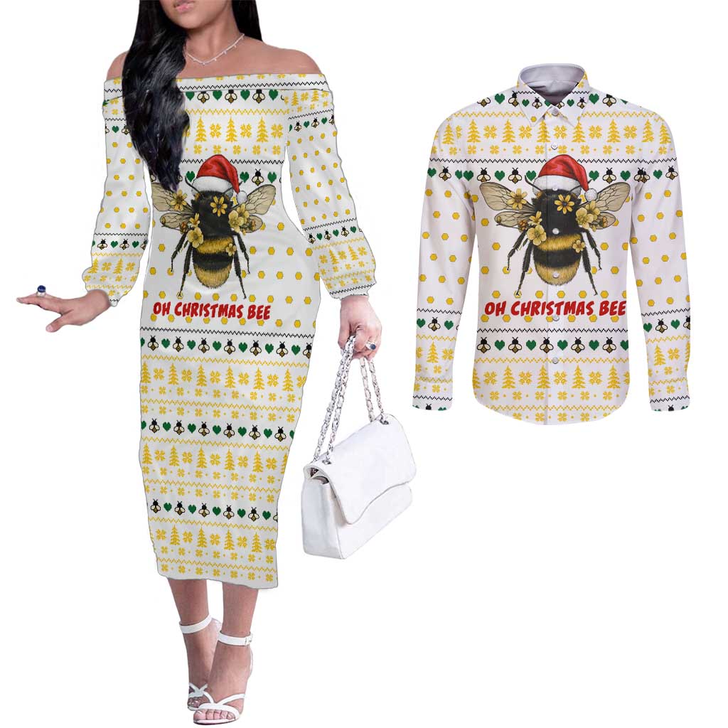 Oh Christmas Bee Bee Christmas Couples Matching Off The Shoulder Long Sleeve Dress and Long Sleeve Button Shirt Xmas Holiday Patterns - Wonder Print Shop