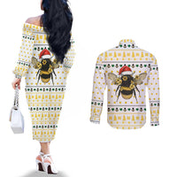 Oh Christmas Bee Bee Christmas Couples Matching Off The Shoulder Long Sleeve Dress and Long Sleeve Button Shirt Xmas Holiday Patterns - Wonder Print Shop