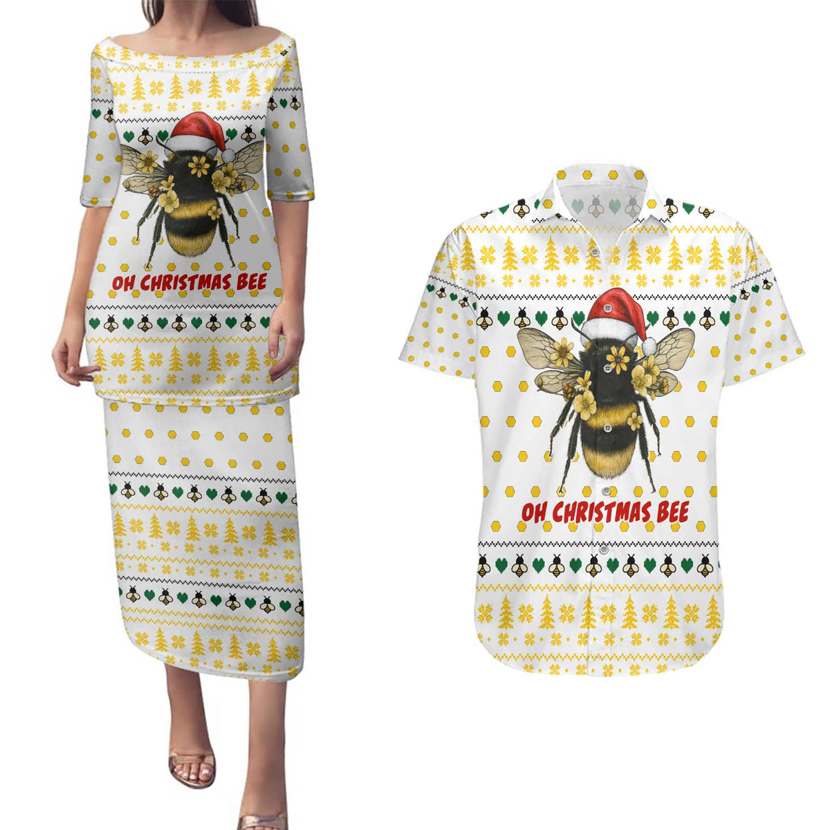 Oh Christmas Bee Bee Christmas Couples Matching Puletasi and Hawaiian Shirt Xmas Holiday Patterns - Wonder Print Shop