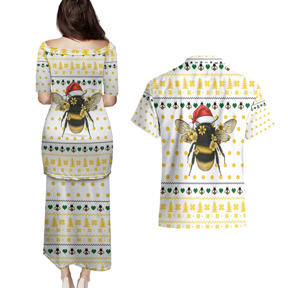 Oh Christmas Bee Bee Christmas Couples Matching Puletasi and Hawaiian Shirt Xmas Holiday Patterns - Wonder Print Shop