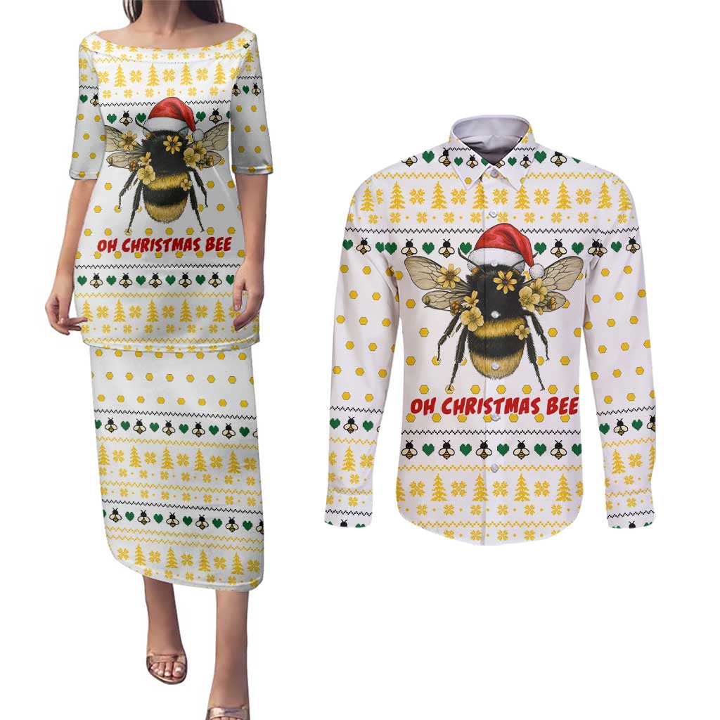 Oh Christmas Bee Bee Christmas Couples Matching Puletasi and Long Sleeve Button Shirt Xmas Holiday Patterns - Wonder Print Shop