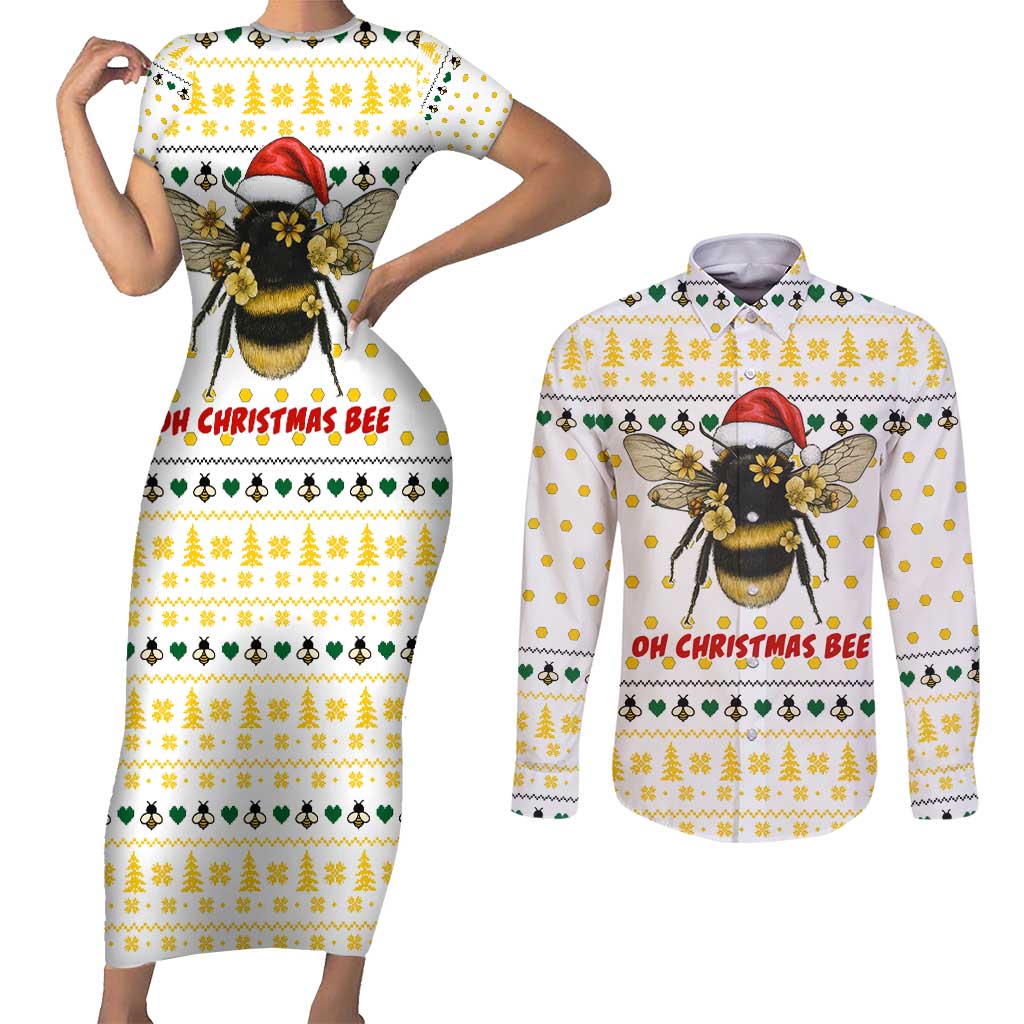 Oh Christmas Bee Bee Christmas Couples Matching Short Sleeve Bodycon Dress and Long Sleeve Button Shirt Xmas Holiday Patterns - Wonder Print Shop