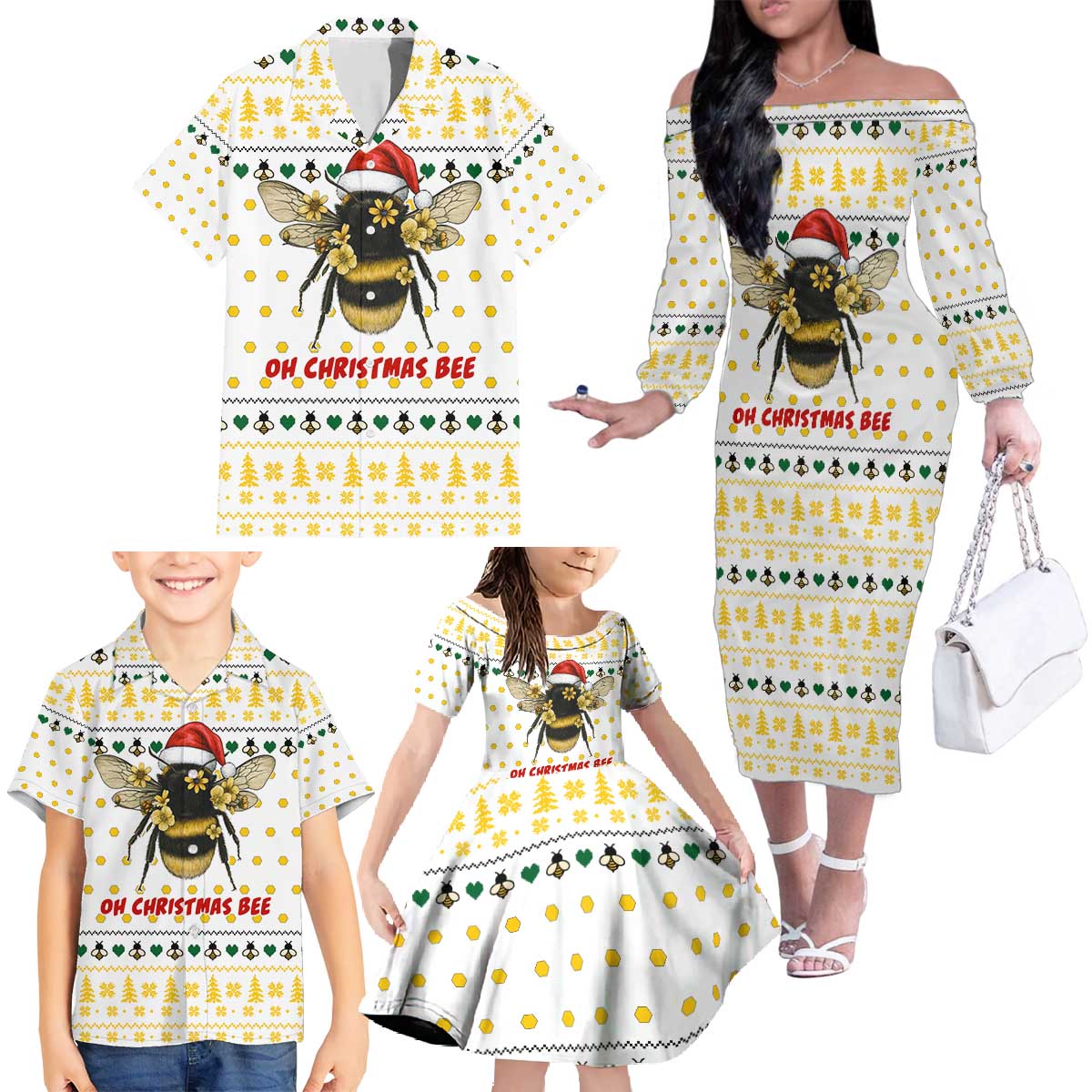 Oh Christmas Bee Bee Christmas Family Matching Off The Shoulder Long Sleeve Dress and Hawaiian Shirt Xmas Holiday Patterns - Wonder Print Shop