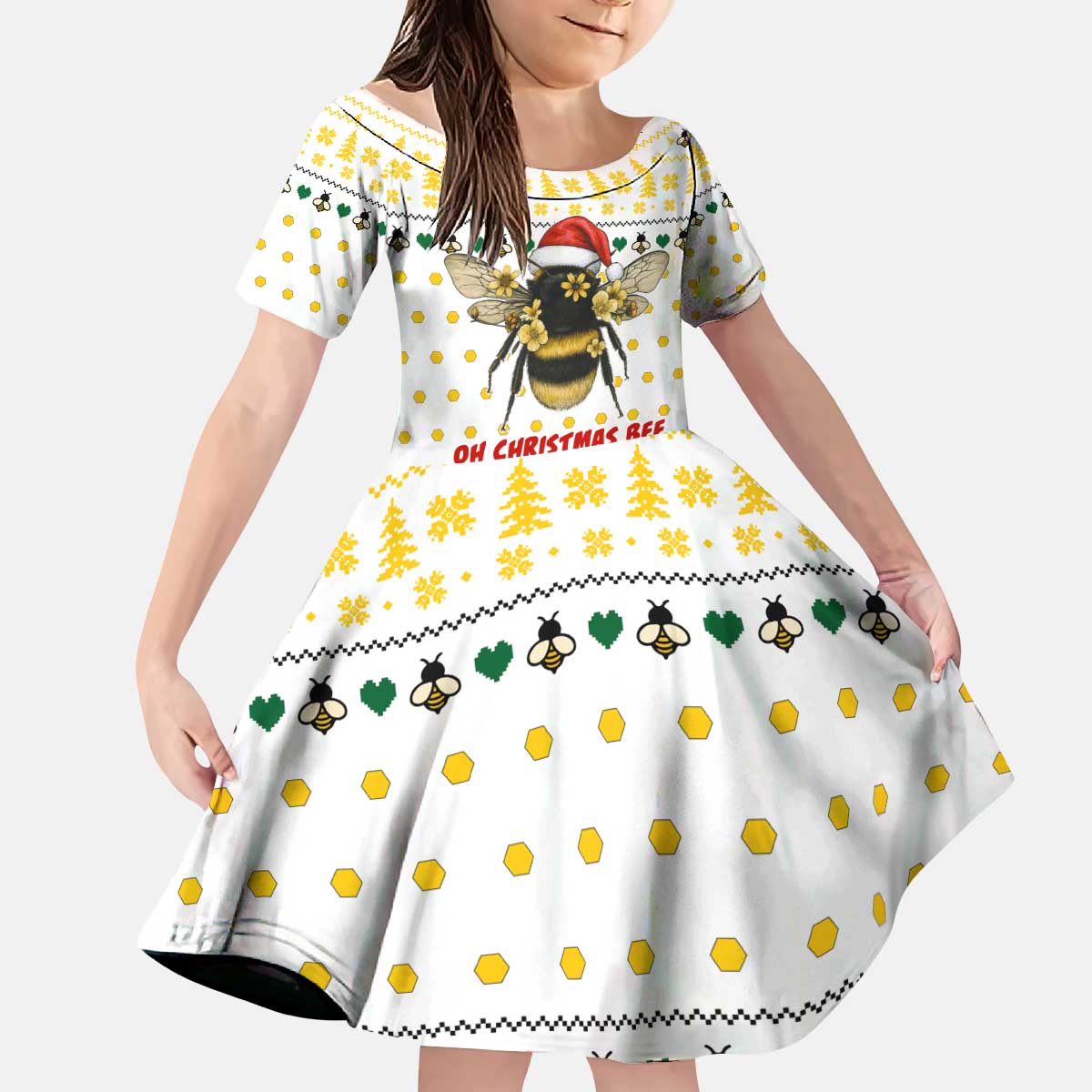 Oh Christmas Bee Bee Christmas Kid Short Sleeve Dress Xmas Holiday Patterns - Wonder Print Shop