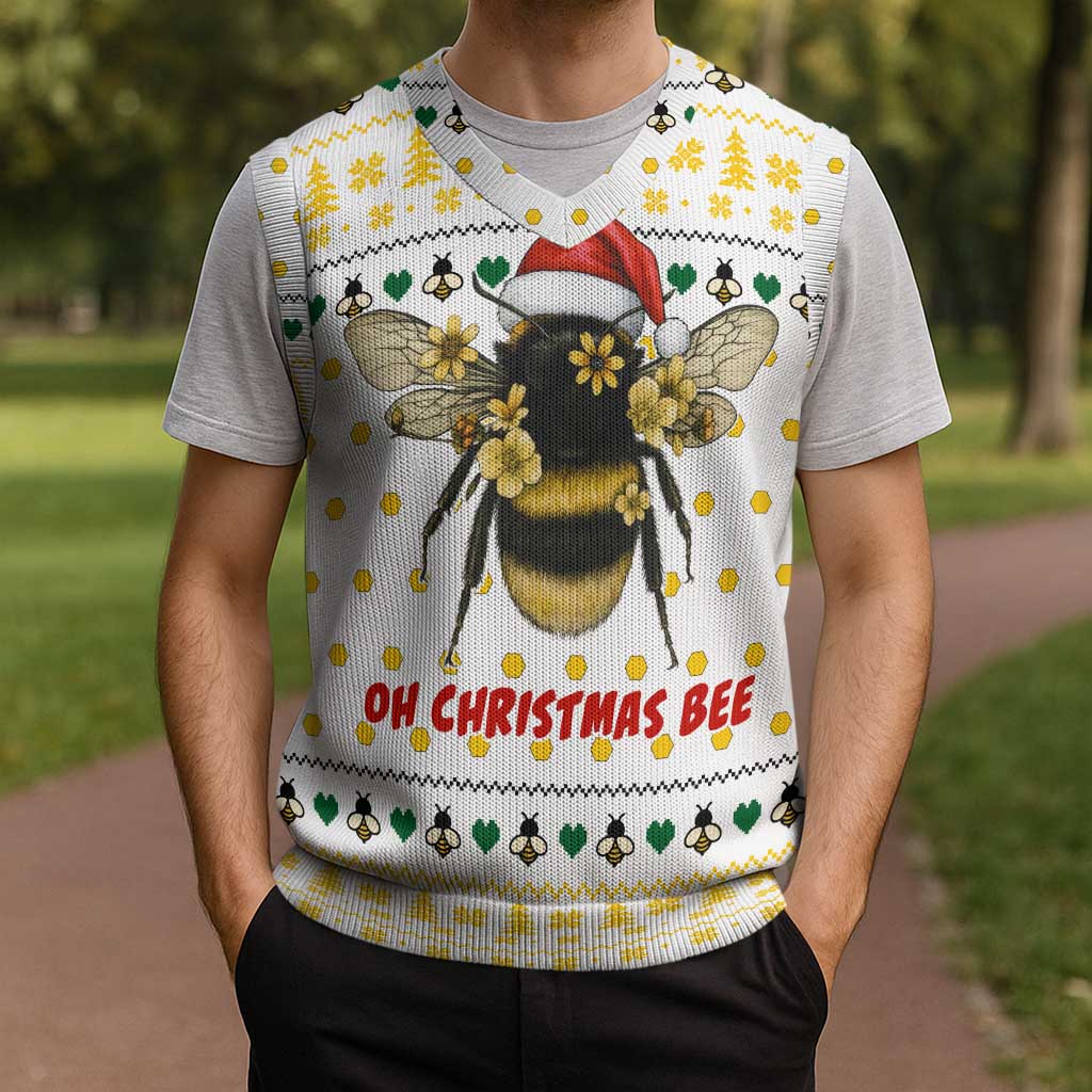 Oh Christmas Bee Bee Christmas Knitted V-Neck Vest Xmas Holiday Patterns - Wonder Print Shop
