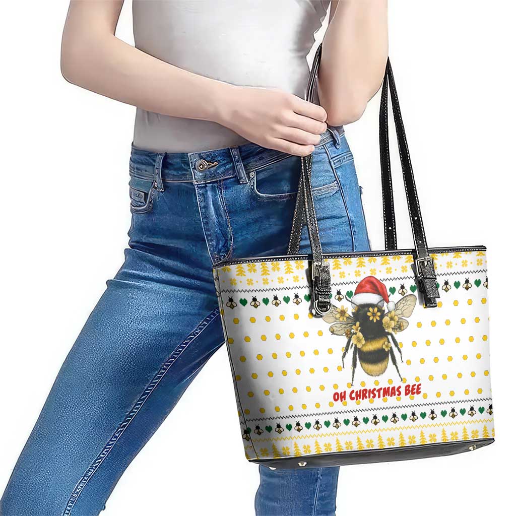 Oh Christmas Bee Bee Christmas Leather Tote Bag Xmas Holiday Patterns - Wonder Print Shop
