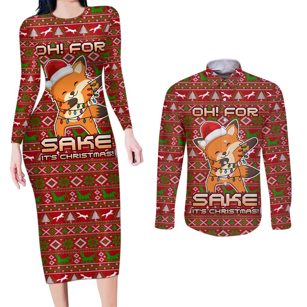 Oh For Fox Sake Christmas Couples Matching Long Sleeve Bodycon Dress and Long Sleeve Button Shirt Xmas Holiday Patterns - Wonder Print Shop