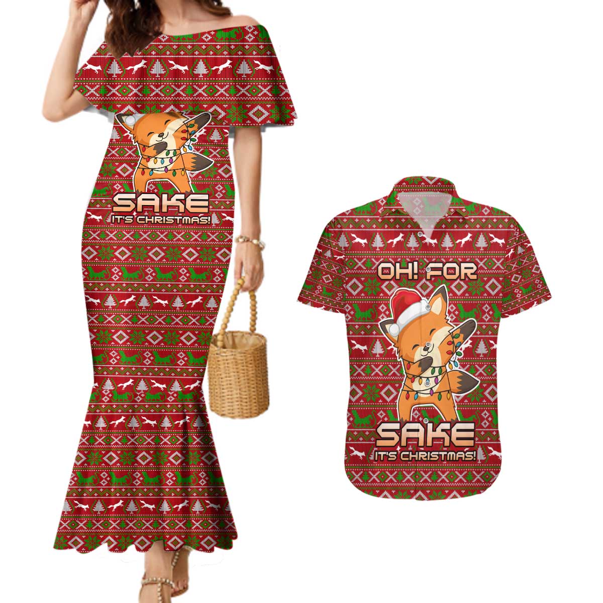 Oh For Fox Sake Christmas Couples Matching Mermaid Dress and Hawaiian Shirt Xmas Holiday Patterns - Wonder Print Shop