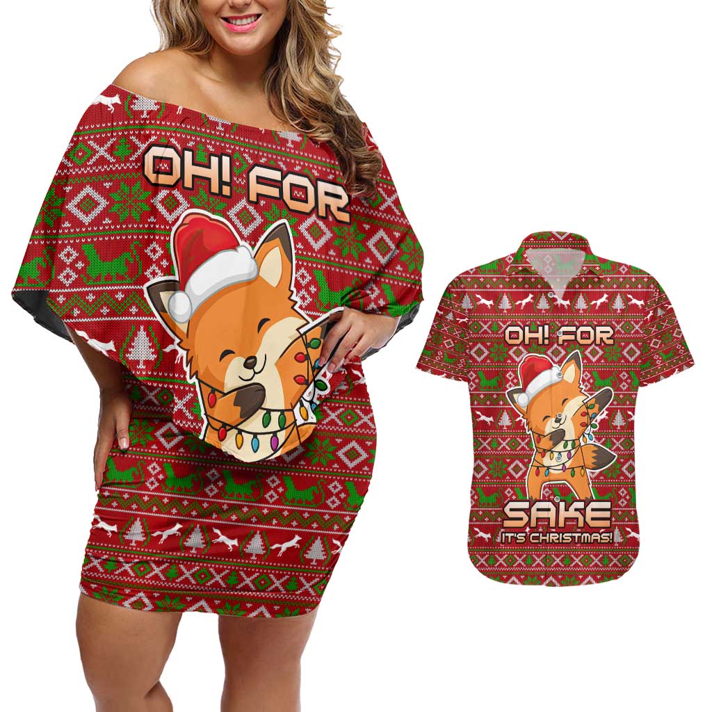 Oh For Fox Sake Christmas Couples Matching Off Shoulder Short Dress and Hawaiian Shirt Xmas Holiday Patterns - Wonder Print Shop