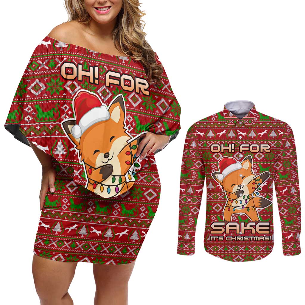 Oh For Fox Sake Christmas Couples Matching Off Shoulder Short Dress and Long Sleeve Button Shirt Xmas Holiday Patterns - Wonder Print Shop