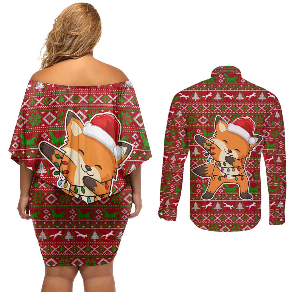 Oh For Fox Sake Christmas Couples Matching Off Shoulder Short Dress and Long Sleeve Button Shirt Xmas Holiday Patterns - Wonder Print Shop