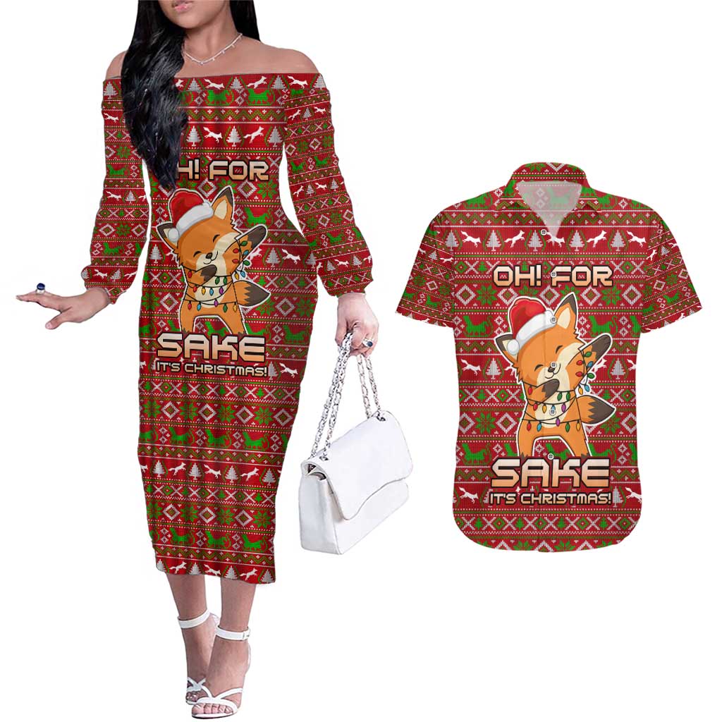 Oh For Fox Sake Christmas Couples Matching Off The Shoulder Long Sleeve Dress and Hawaiian Shirt Xmas Holiday Patterns - Wonder Print Shop