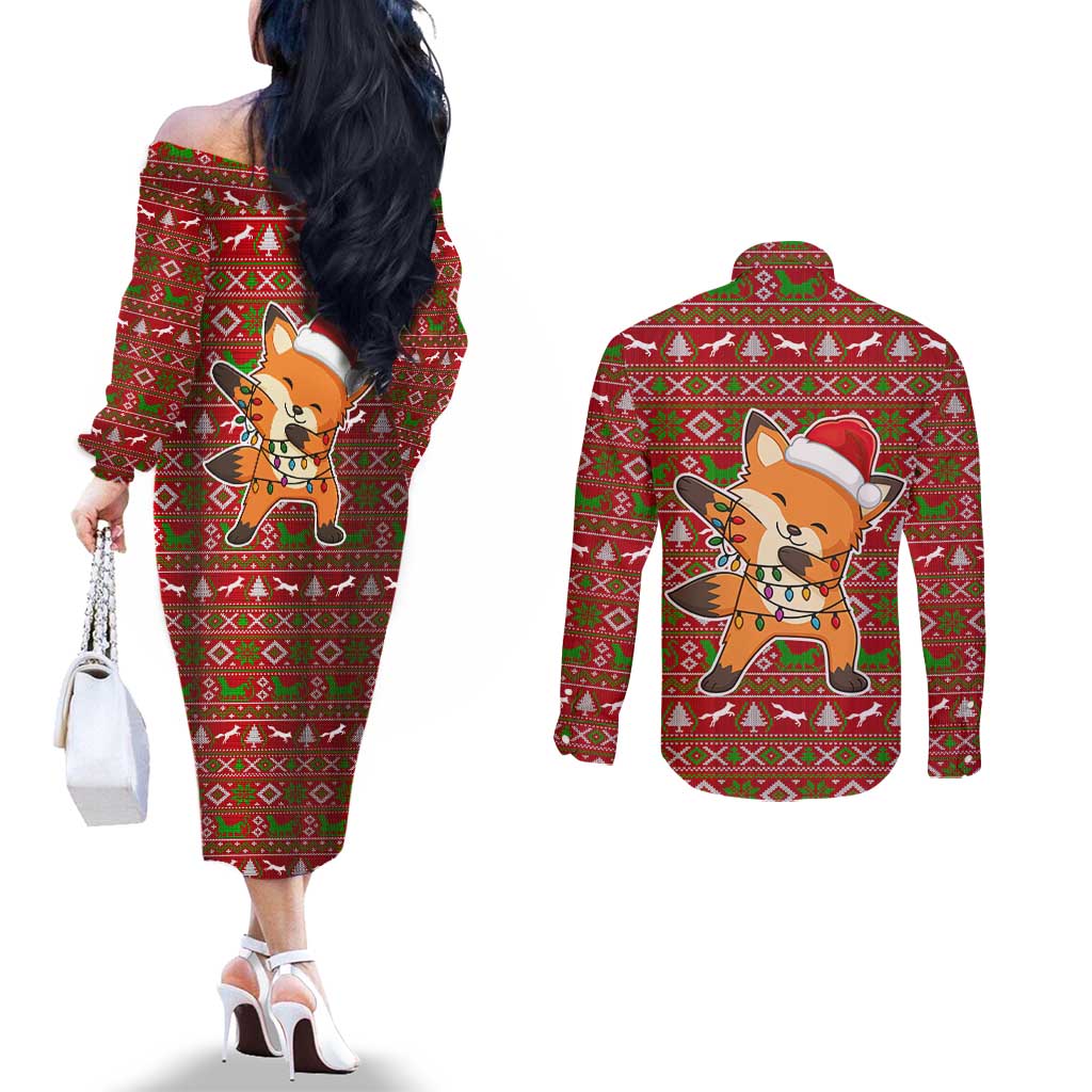 Oh For Fox Sake Christmas Couples Matching Off The Shoulder Long Sleeve Dress and Long Sleeve Button Shirt Xmas Holiday Patterns - Wonder Print Shop