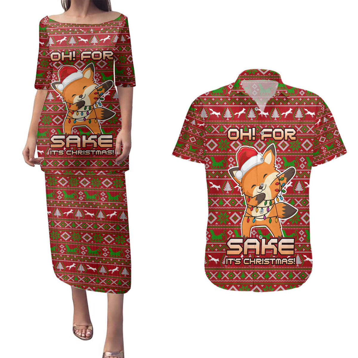 Oh For Fox Sake Christmas Couples Matching Puletasi and Hawaiian Shirt Xmas Holiday Patterns - Wonder Print Shop