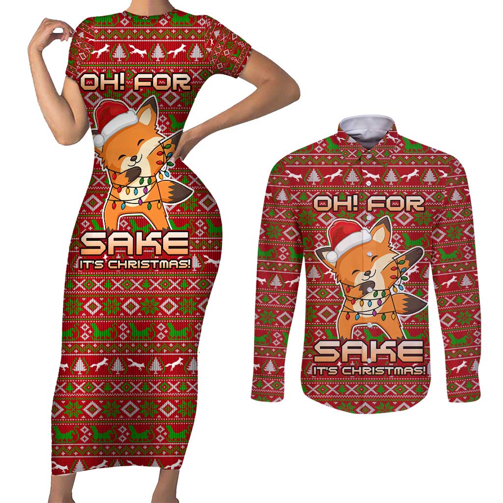 Oh For Fox Sake Christmas Couples Matching Short Sleeve Bodycon Dress and Long Sleeve Button Shirt Xmas Holiday Patterns - Wonder Print Shop