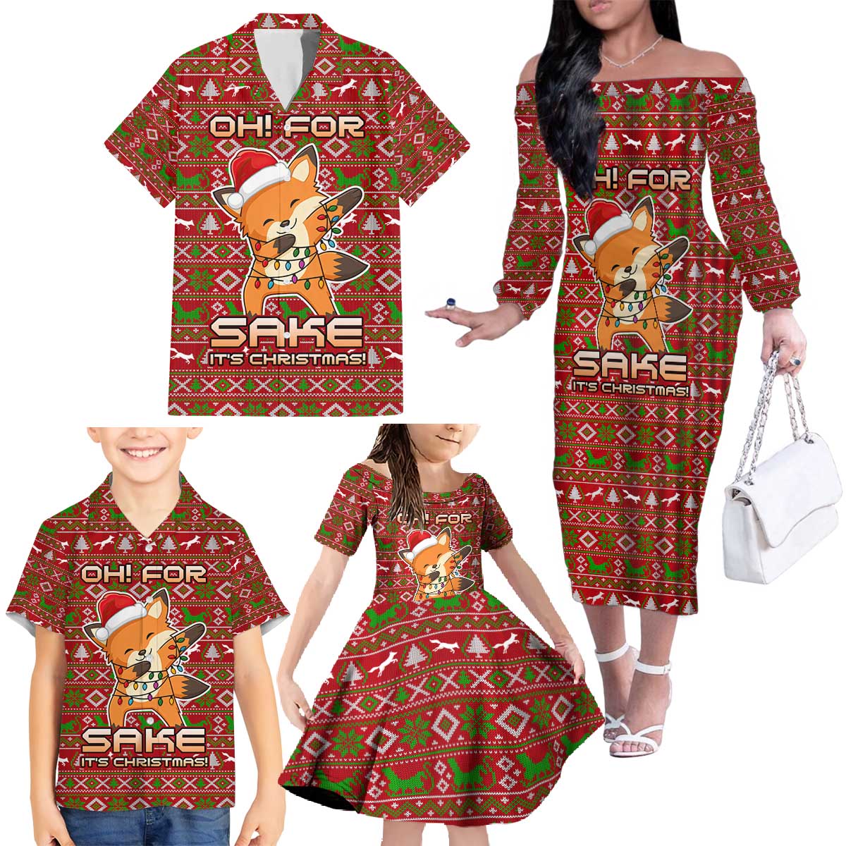 Oh For Fox Sake Christmas Family Matching Off The Shoulder Long Sleeve Dress and Hawaiian Shirt Xmas Holiday Patterns - Wonder Print Shop