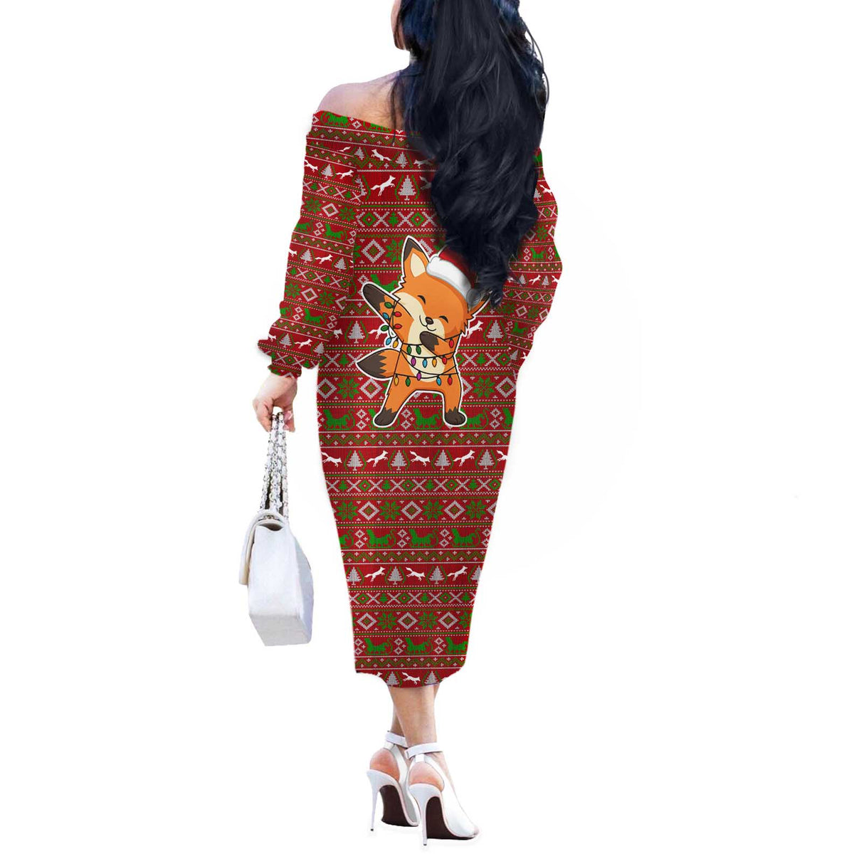 Oh For Fox Sake Christmas Off The Shoulder Long Sleeve Dress Xmas Holiday Patterns - Wonder Print Shop