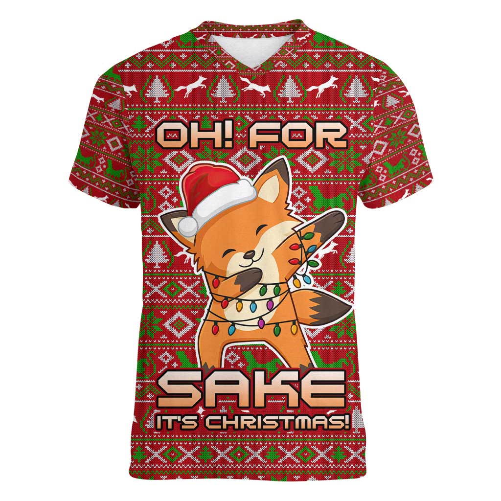 Oh For Fox Sake Christmas Women V-Neck T-Shirt Xmas Holiday Patterns - Wonder Print Shop