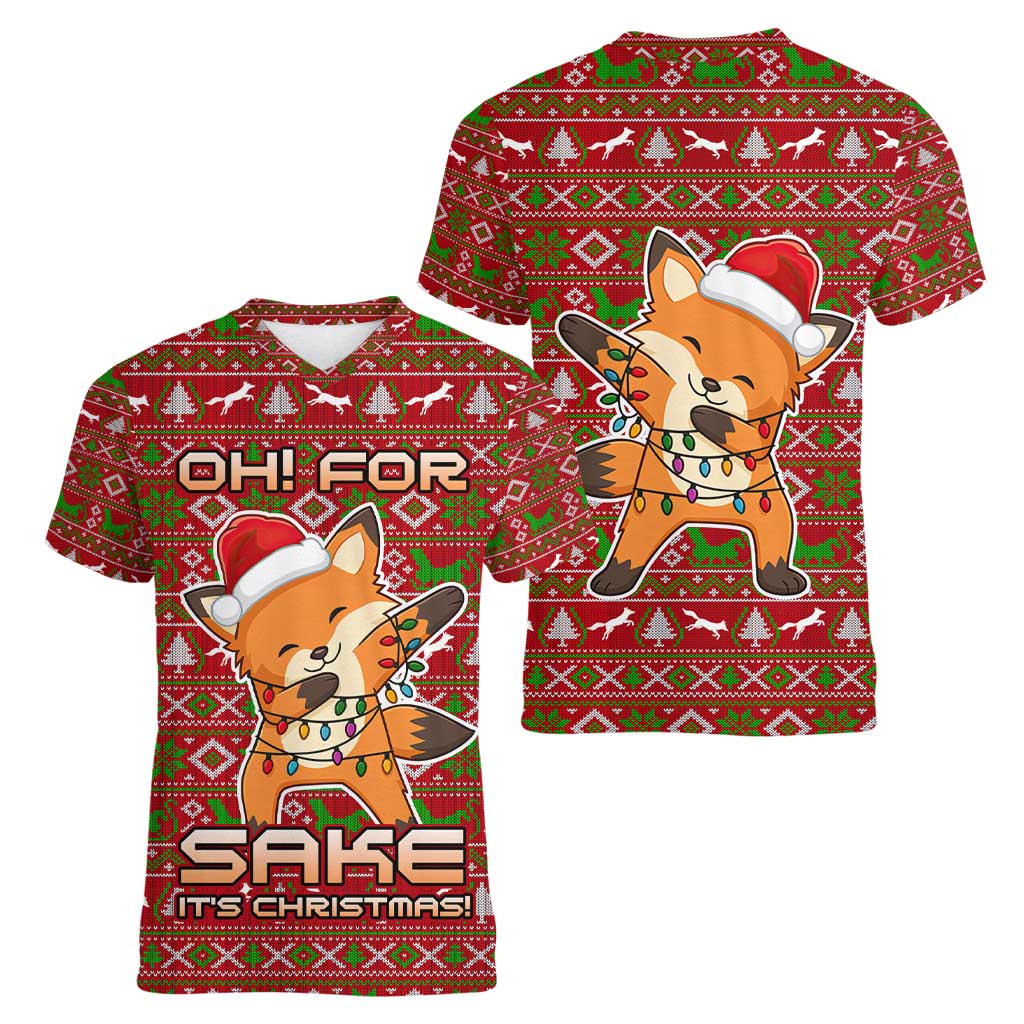 Oh For Fox Sake Christmas Women V-Neck T-Shirt Xmas Holiday Patterns - Wonder Print Shop