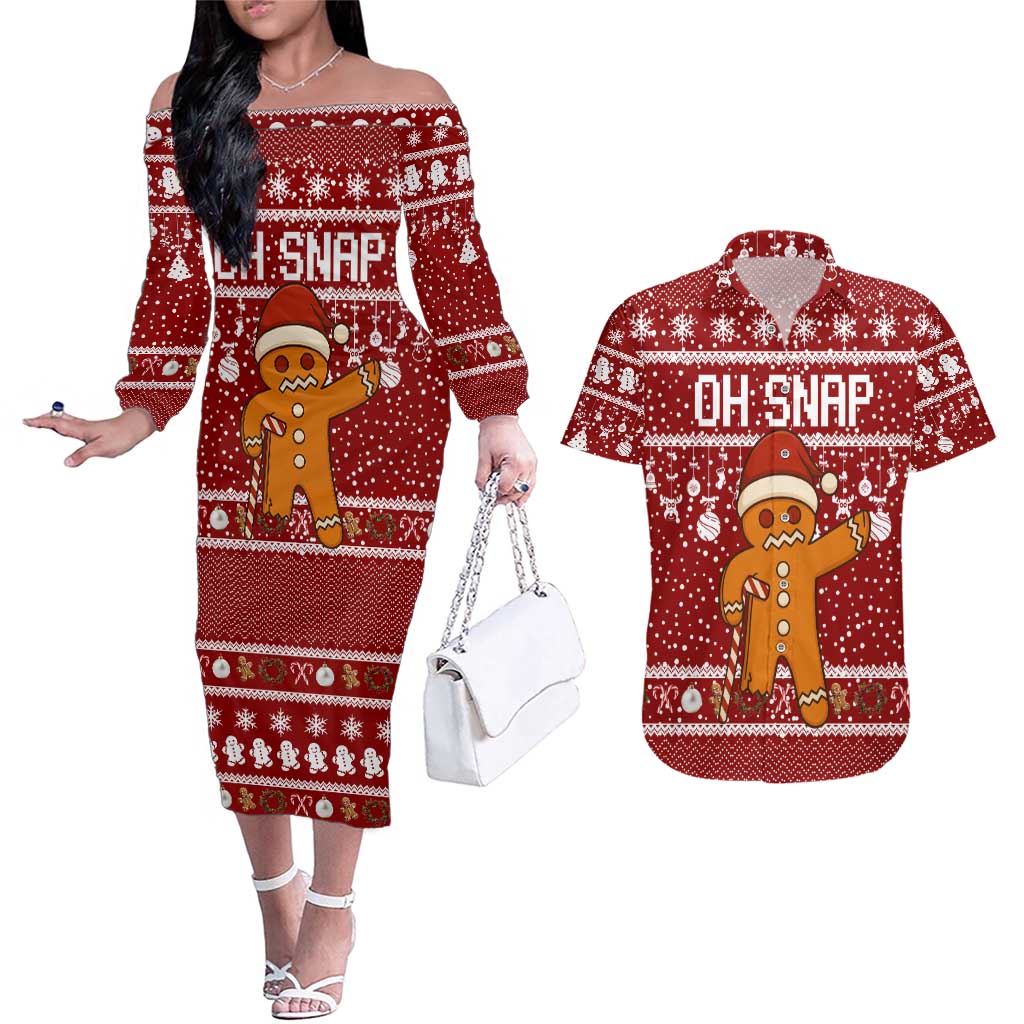 Oh Snap Christmas Couples Matching Off The Shoulder Long Sleeve Dress and Hawaiian Shirt Xmas Holiday Patterns - Wonder Print Shop