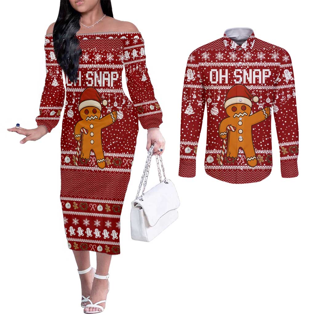 Oh Snap Christmas Couples Matching Off The Shoulder Long Sleeve Dress and Long Sleeve Button Shirt Xmas Holiday Patterns - Wonder Print Shop
