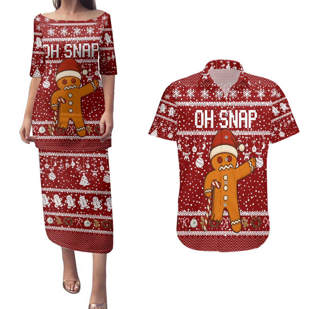 Oh Snap Christmas Couples Matching Puletasi and Hawaiian Shirt Xmas Holiday Patterns - Wonder Print Shop