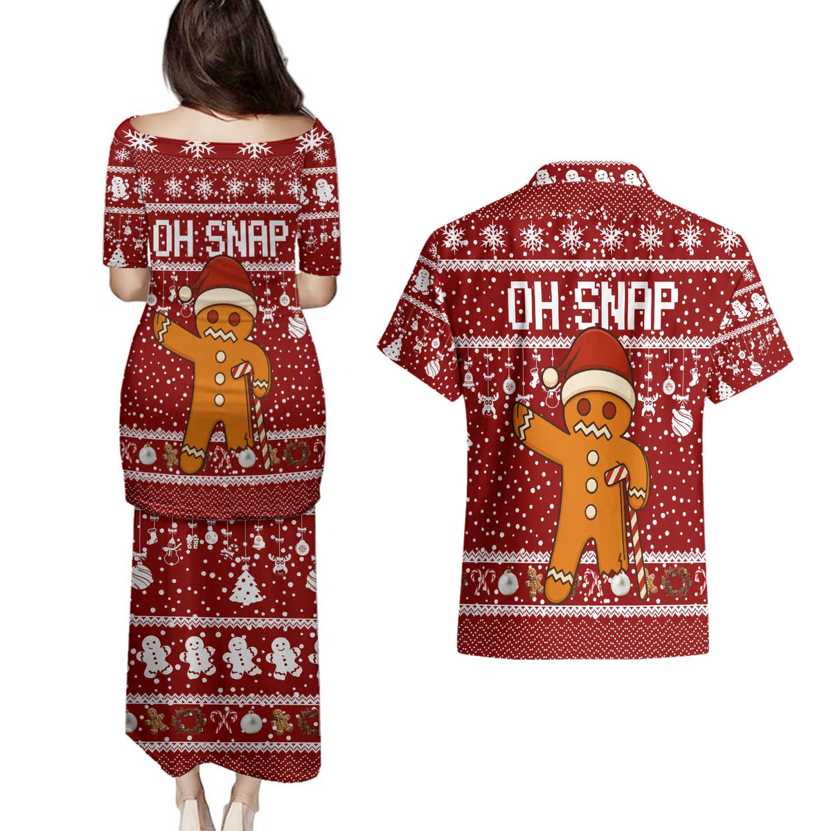 Oh Snap Christmas Couples Matching Puletasi and Hawaiian Shirt Xmas Holiday Patterns - Wonder Print Shop