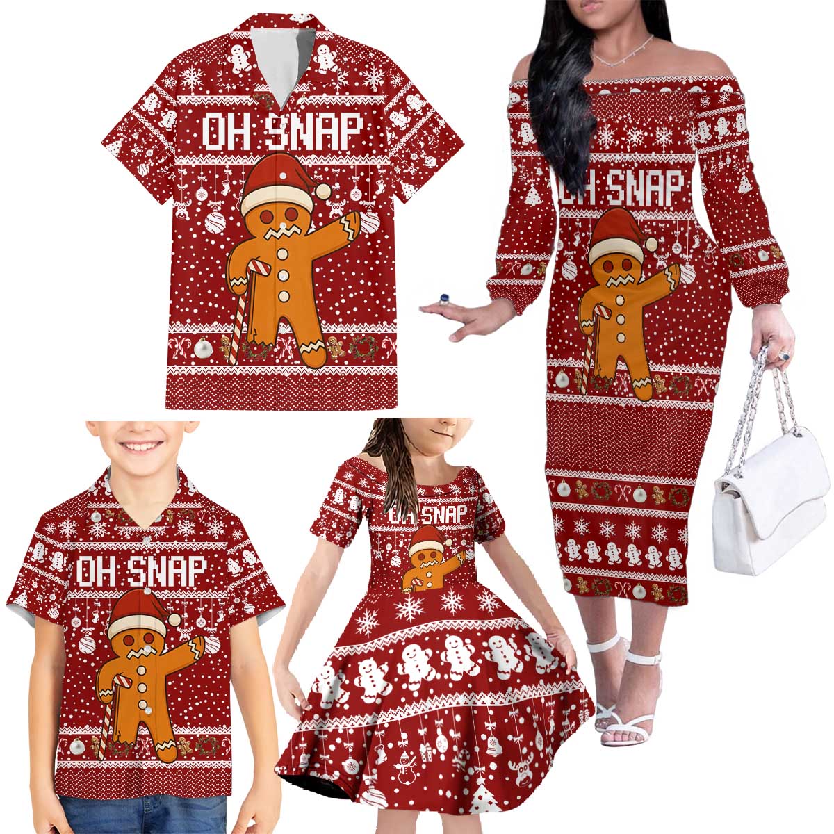 Oh Snap Christmas Family Matching Off The Shoulder Long Sleeve Dress and Hawaiian Shirt Xmas Holiday Patterns - Wonder Print Shop