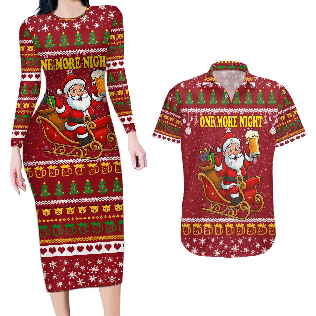 One More Night Santa Beer Christmas Couples Matching Long Sleeve Bodycon Dress and Hawaiian Shirt Xmas Holiday Patterns - Wonder Print Shop