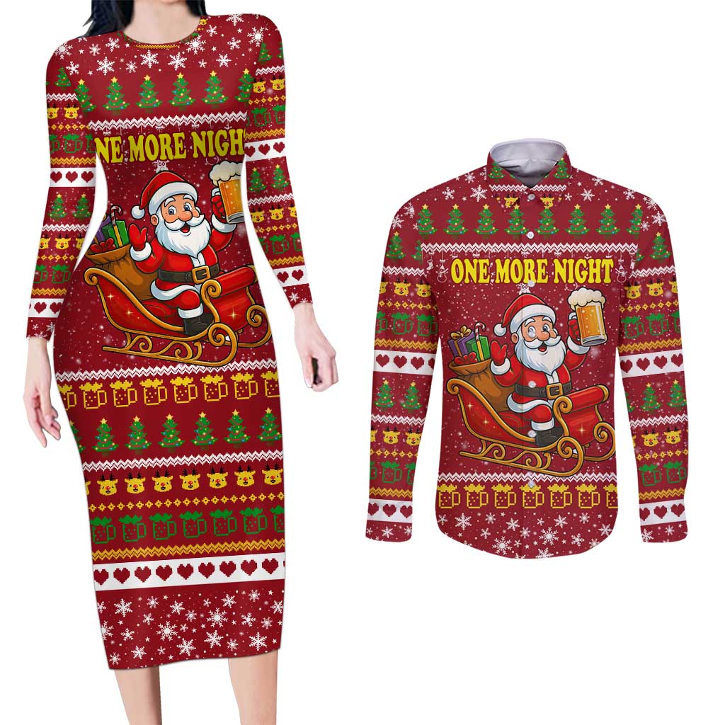 One More Night Santa Beer Christmas Couples Matching Long Sleeve Bodycon Dress and Long Sleeve Button Shirt Xmas Holiday Patterns - Wonder Print Shop