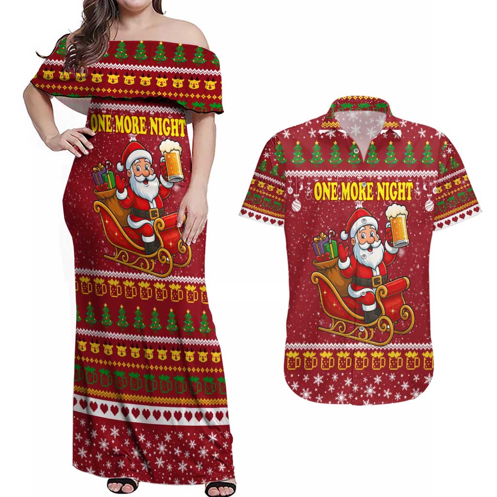 One More Night Santa Beer Christmas Couples Matching Off Shoulder Maxi Dress and Hawaiian Shirt Xmas Holiday Patterns - Wonder Print Shop